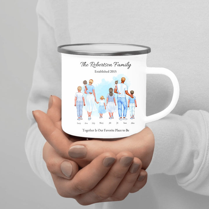Personalized standing family portrait mug with names and watercolor background -enamel camping mug in hand-ARTFULANE