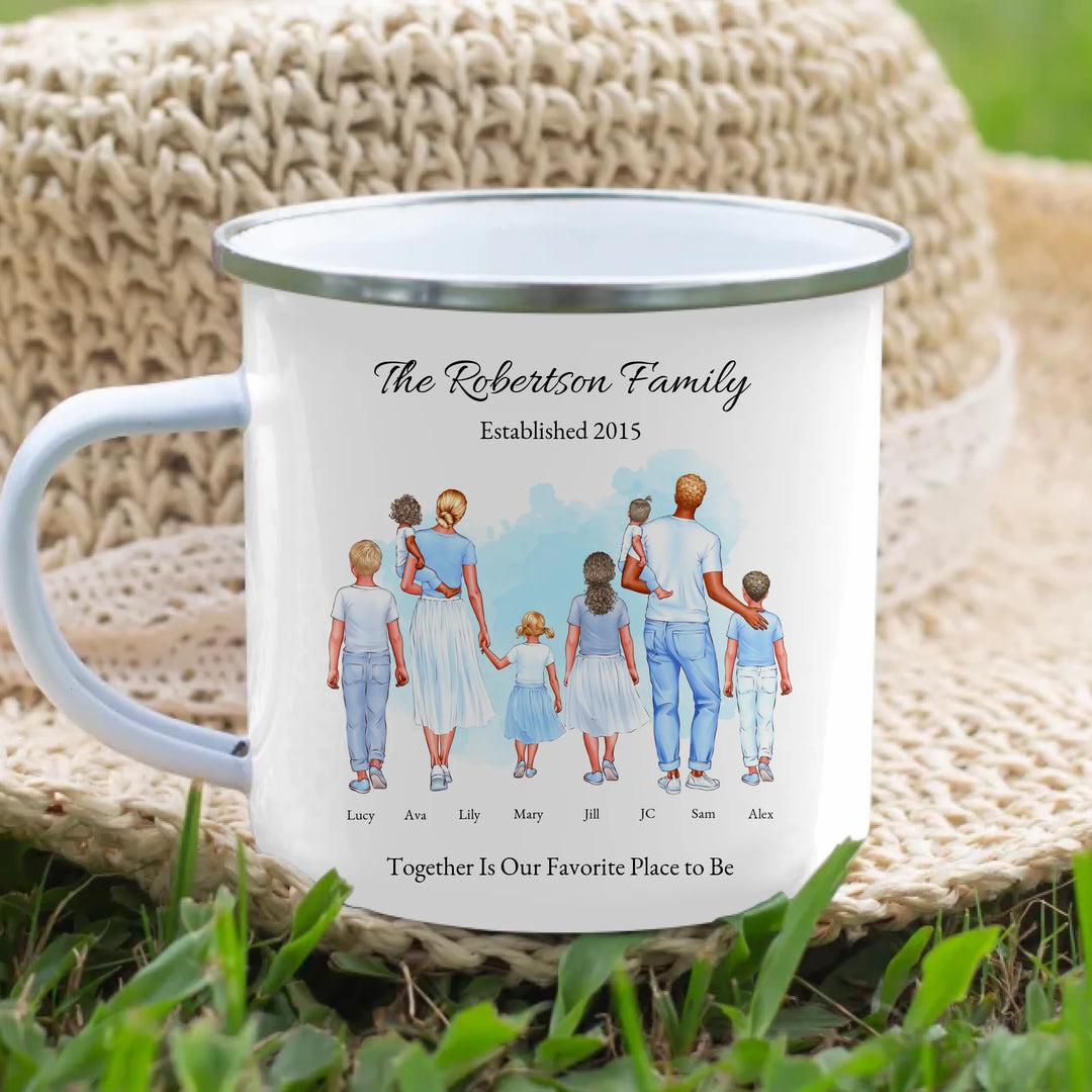 Personalized standing family portrait mug with names and watercolor background -enamel camping mug lifestyle-ARTFULANE