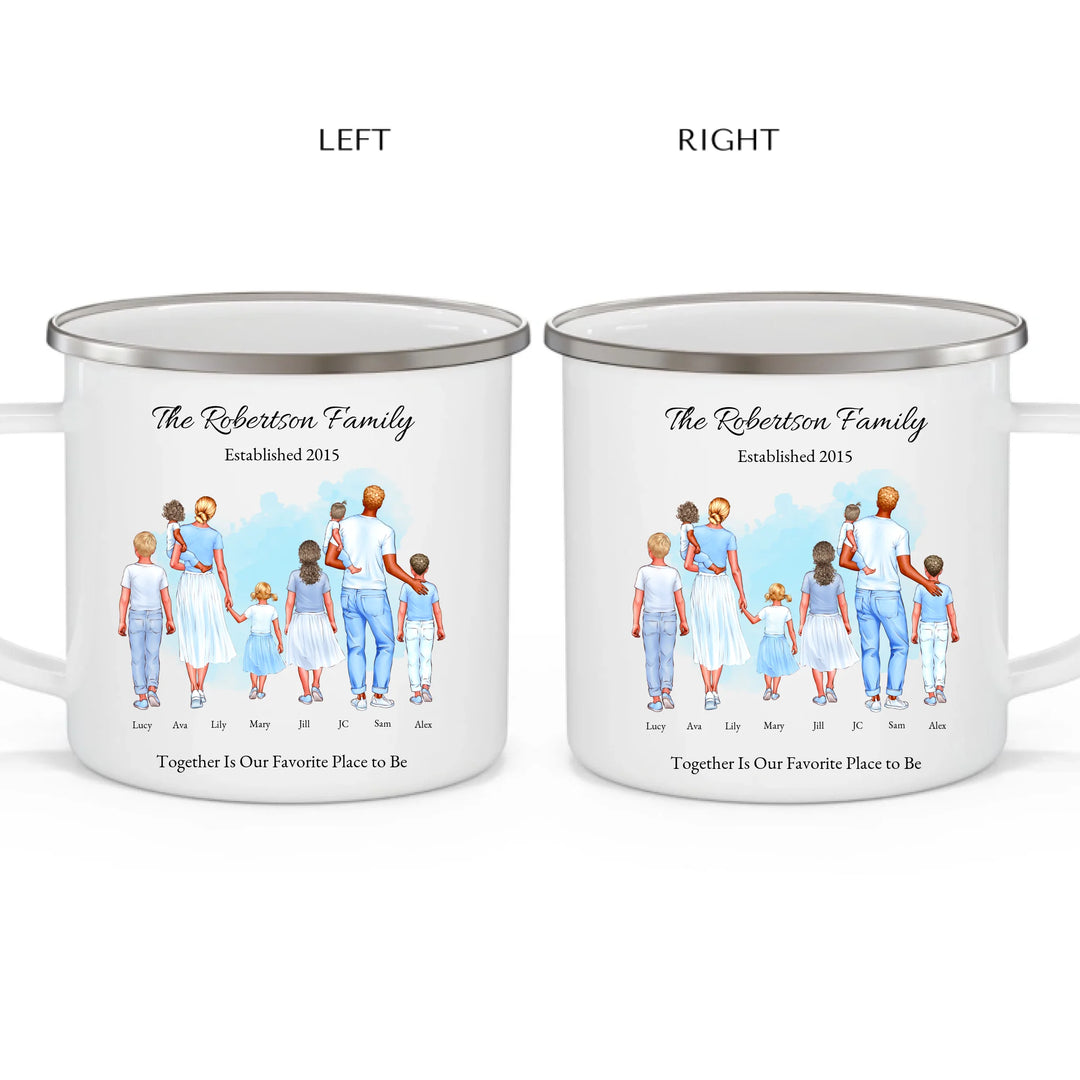 Personalized standing family portrait mug with names and watercolor background -enamel camping mug 2 views-ARTFULANE