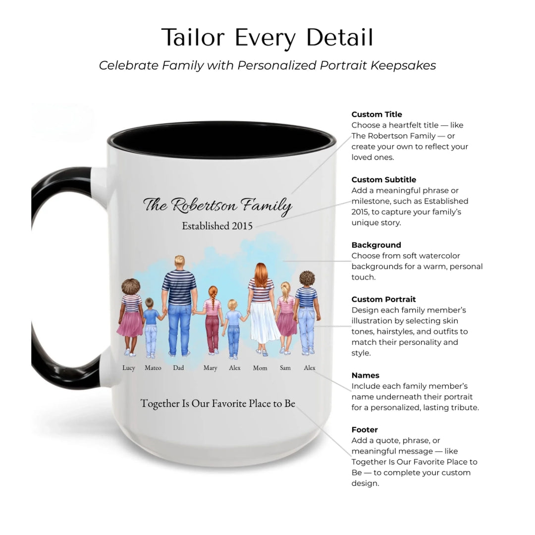 Personalized standing family portrait mug with names and watercolor background -Mug Customization Options-ARTFULANE