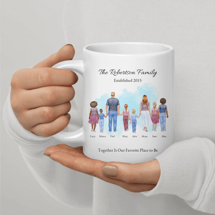 Personalized standing family portrait mug with names and watercolor background -ceramic mug in hand-ARTFULANE