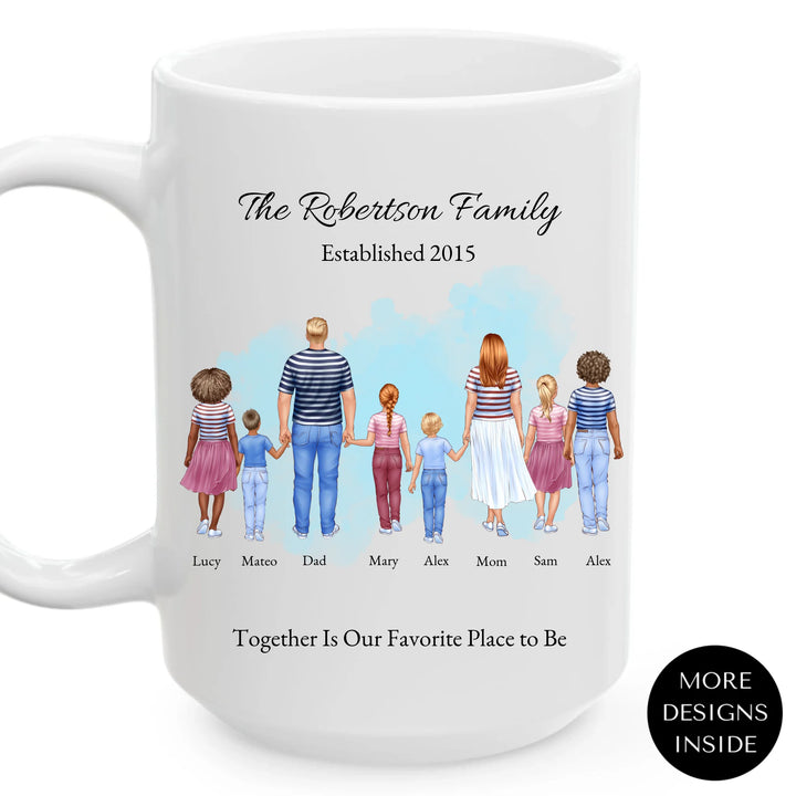 Personalized standing family portrait mug with names and watercolor background -ARTFULANE