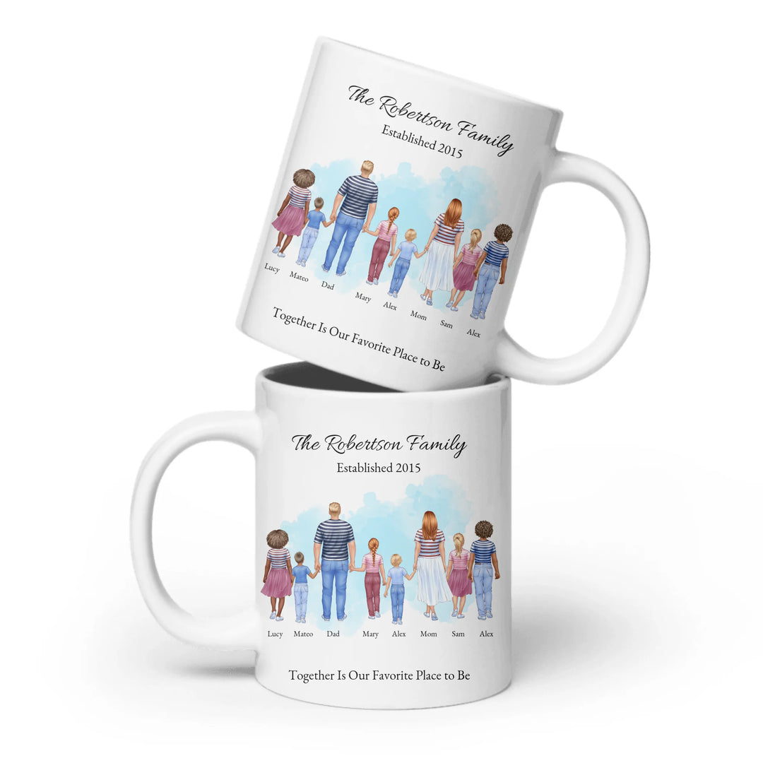 Personalized standing family portrait mug with names and watercolor background - ceramic mug both sides-ARTFULANE