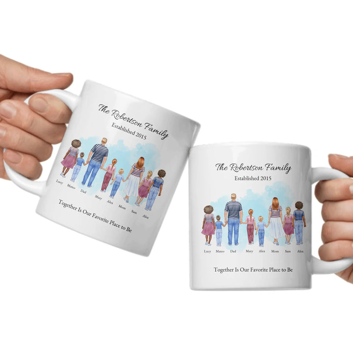 Personalized standing family portrait mug with names and watercolor background - ceramic mugs both sides in hands-ARTFULANE