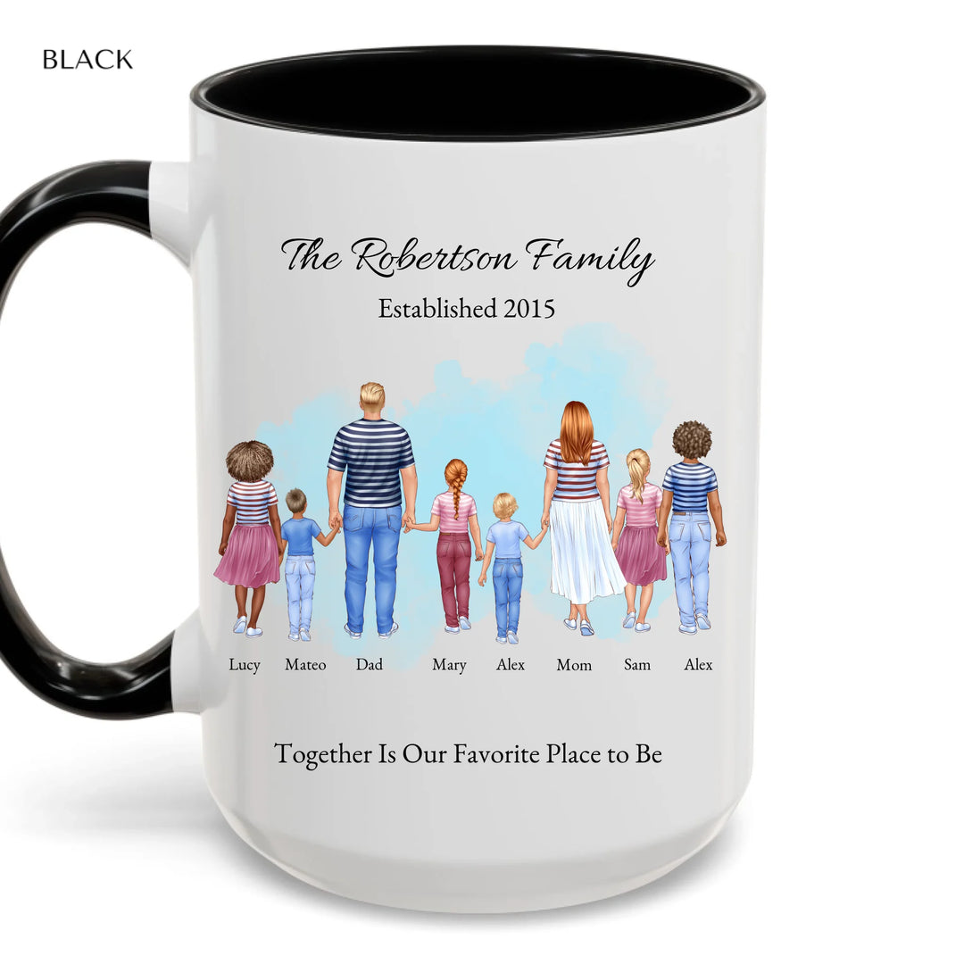 Personalized standing family portrait mug with names and watercolor background -accent coffee mug with black handle-ARTFULANE