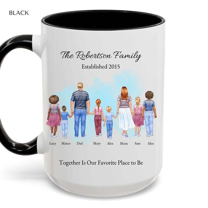 Personalized standing family portrait mug with names and watercolor background -accent coffee mug with black handle-ARTFULANE