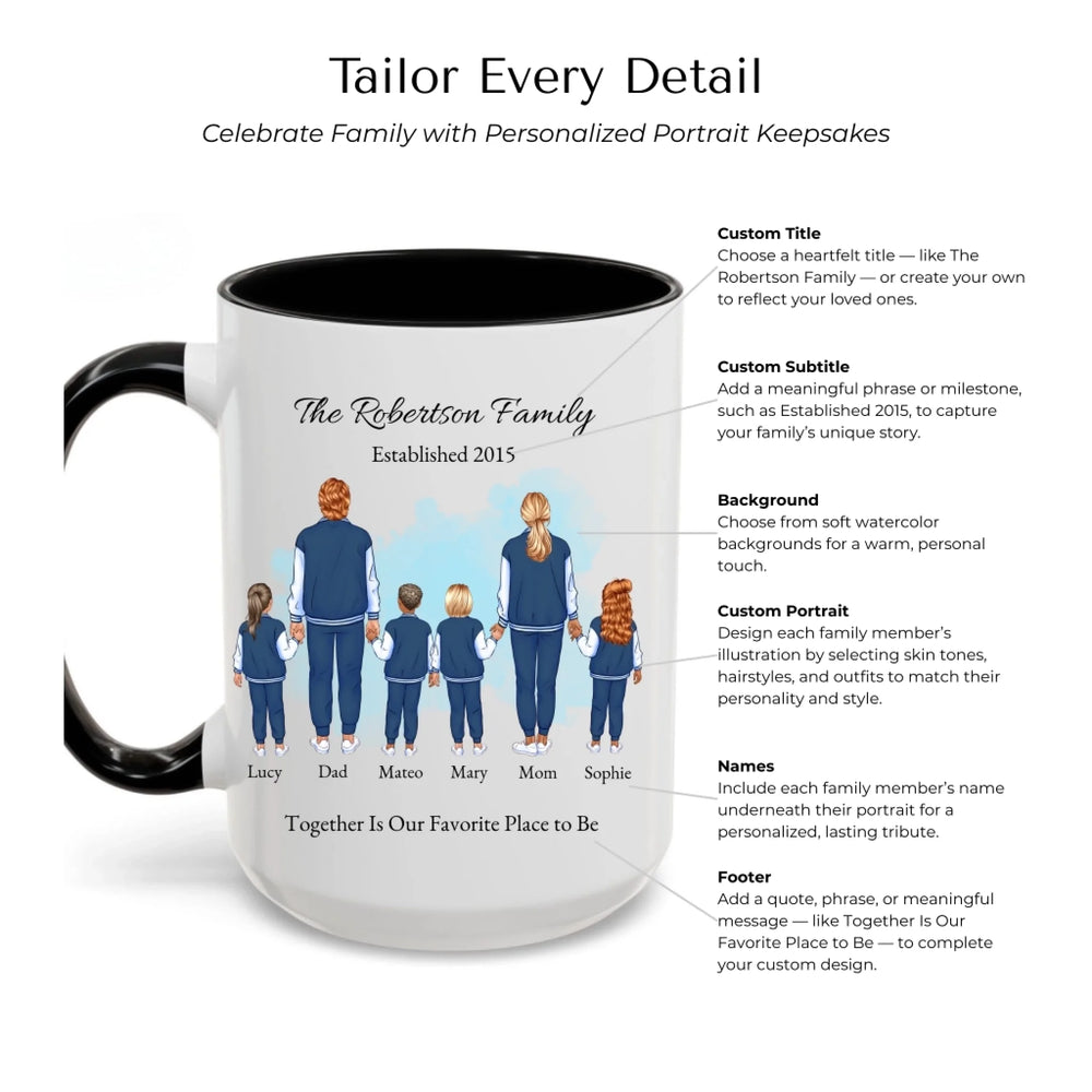 Custom family portrait mug with 1–4 kids, matching outfits, and names under each figure -Mug Customization Options-ARTFULANE