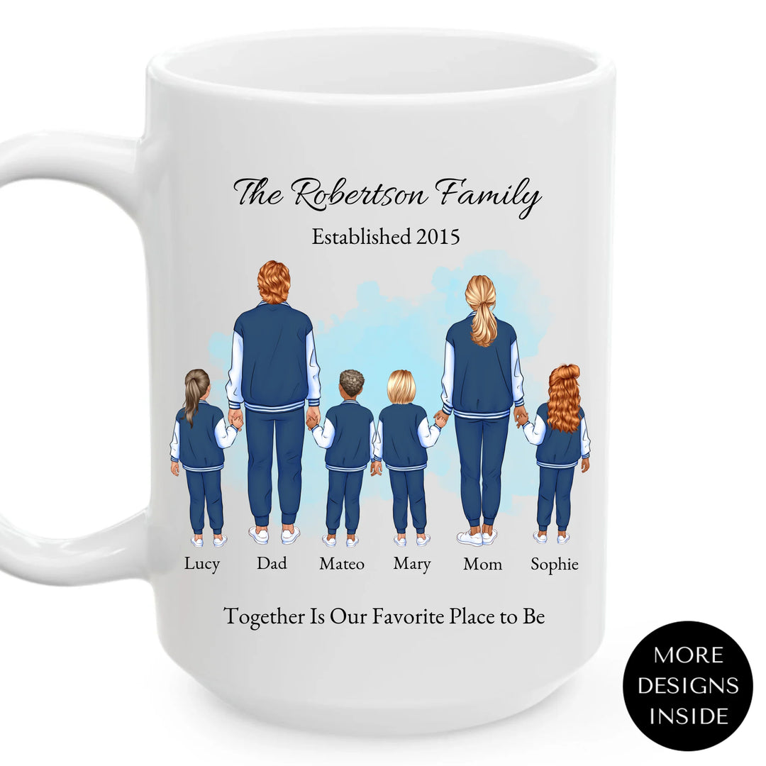 Custom family portrait mug with 1–4 kids, matching outfits, and names under each figure - ARTFULANE