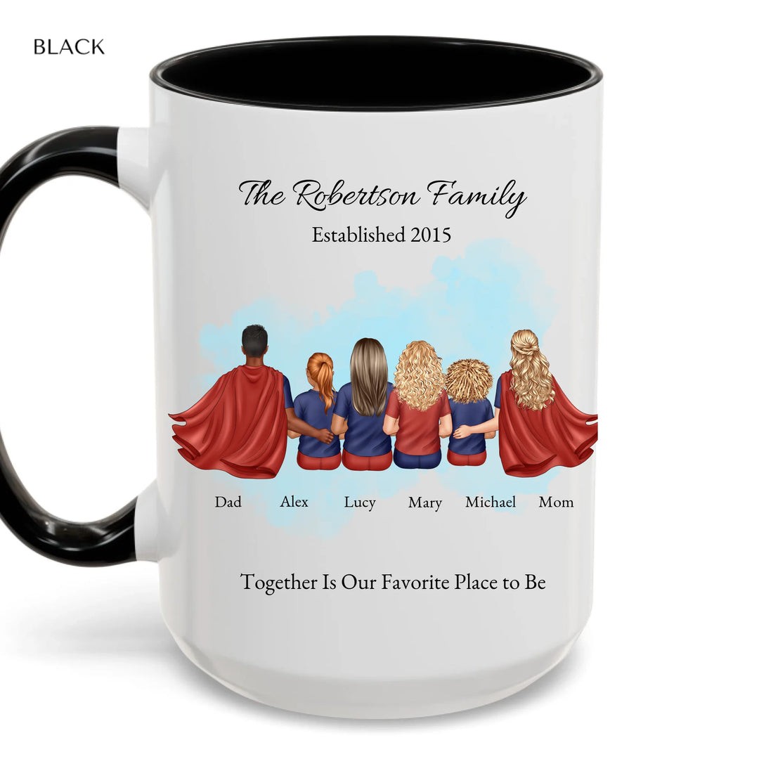 Personalized superhero family mug with matching outfits and names, seated back view -accent coffee mug with black handle-ARTFULANE