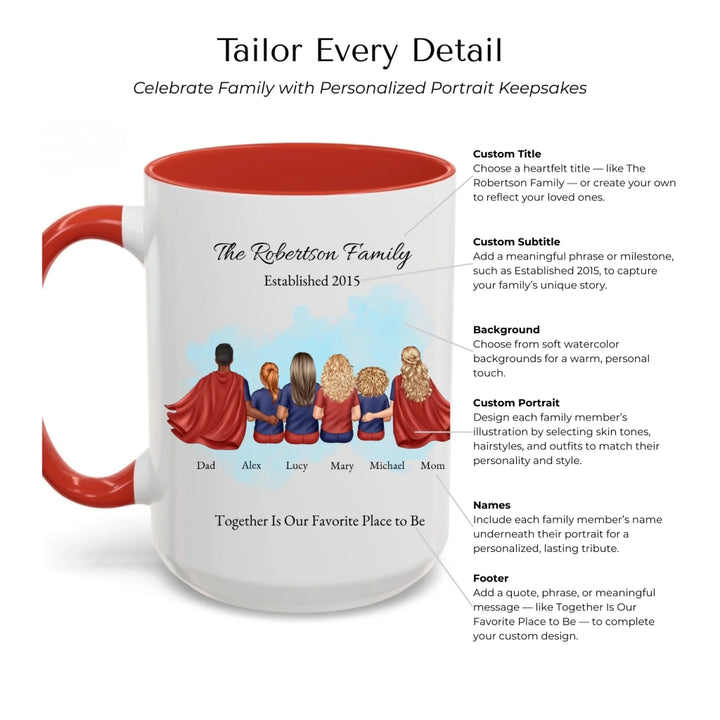 Personalized superhero family mug with matching outfits and names, seated back view -Mug Customization Options-ARTFULANE