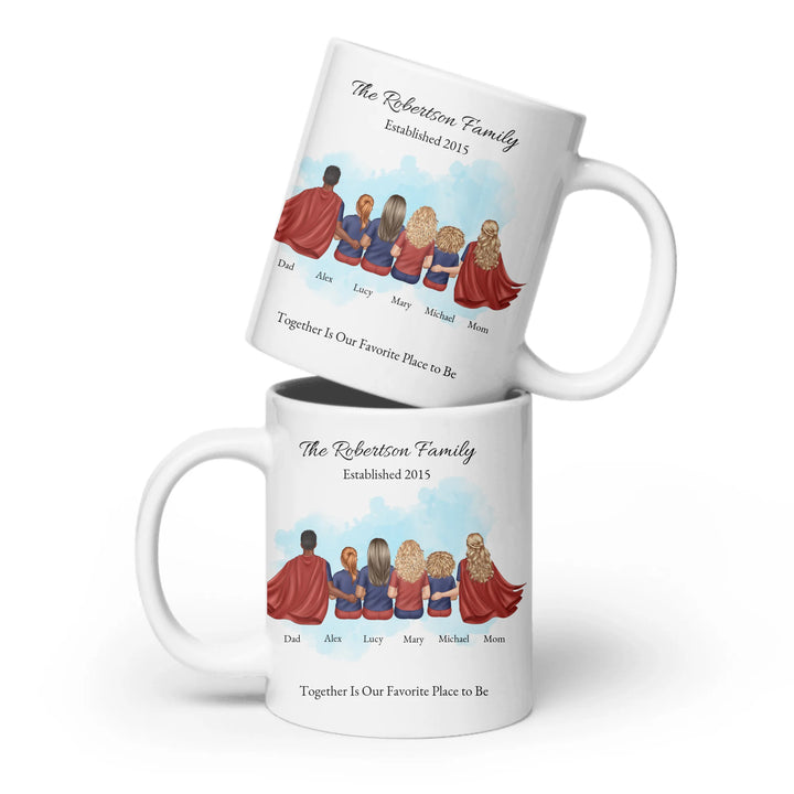 Personalized superhero family mug with matching outfits and names, seated back view - ceramic mug both sides-ARTFULANE