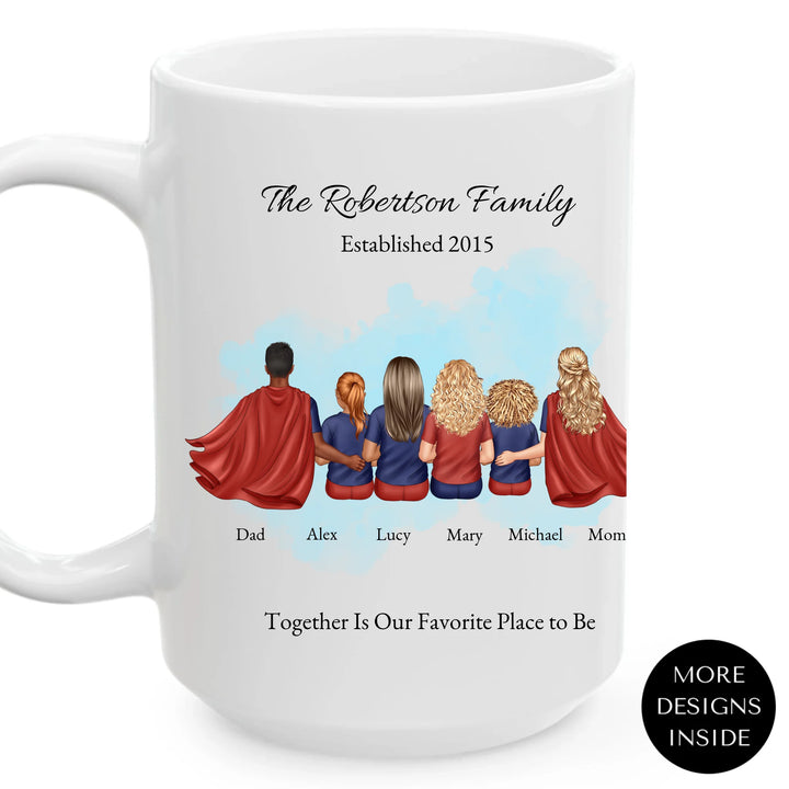 Personalized superhero family mug with matching outfits and names, seated back view - ARTFULANE