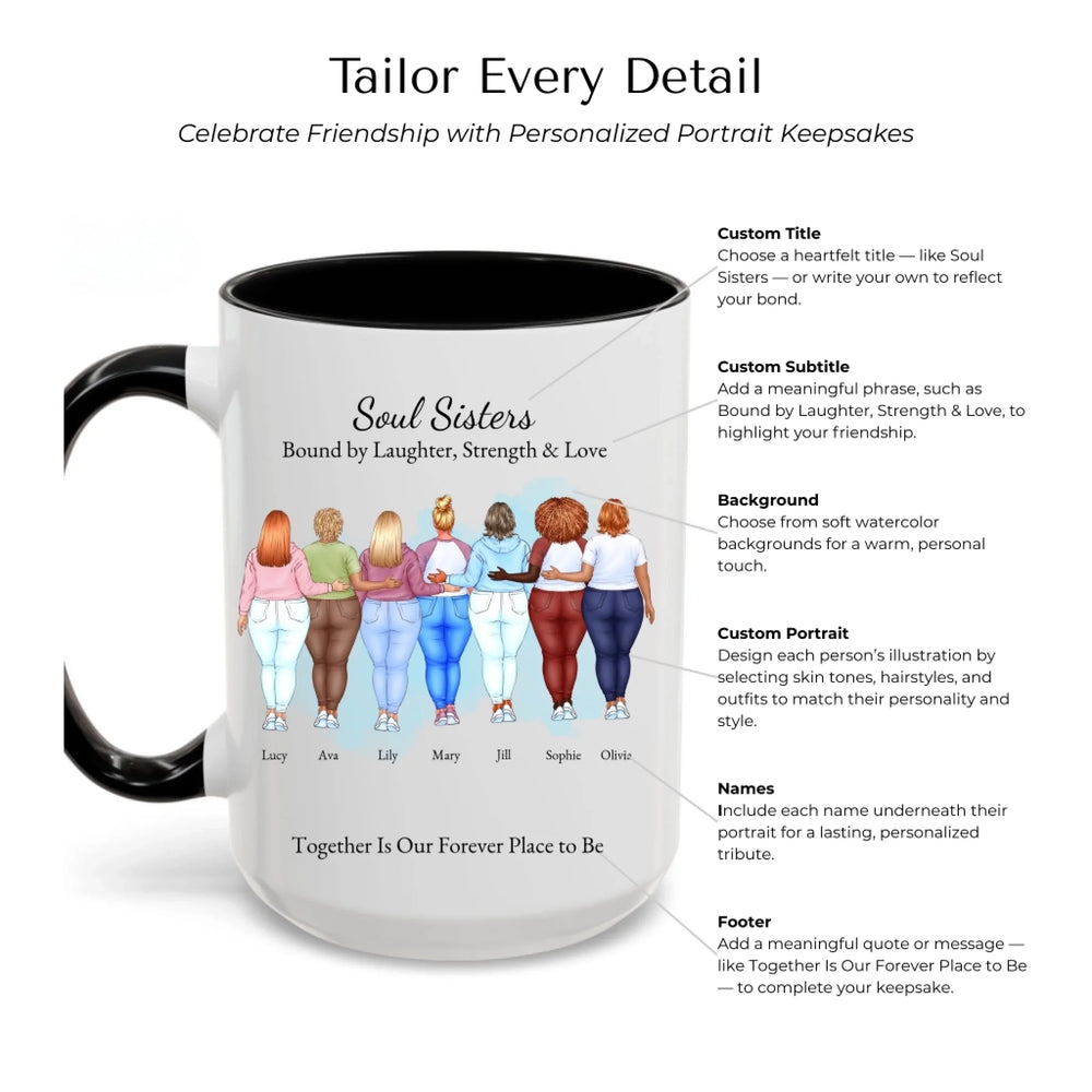 Custom best friends mug with personalized portraits, names, and title -Mug Customization Options-ARTFULANE