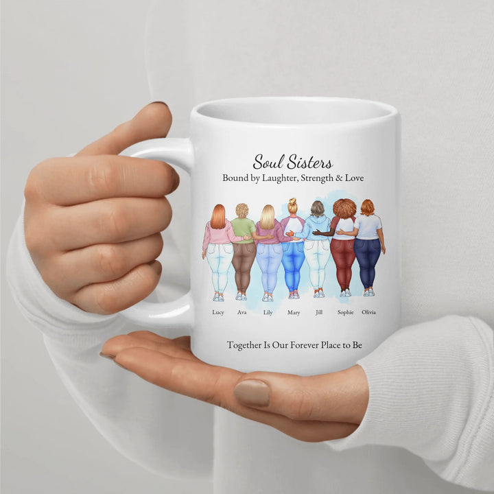 Custom best friends mug with personalized portraits, names, and title -ceramic mug in hand-ARTFULANE