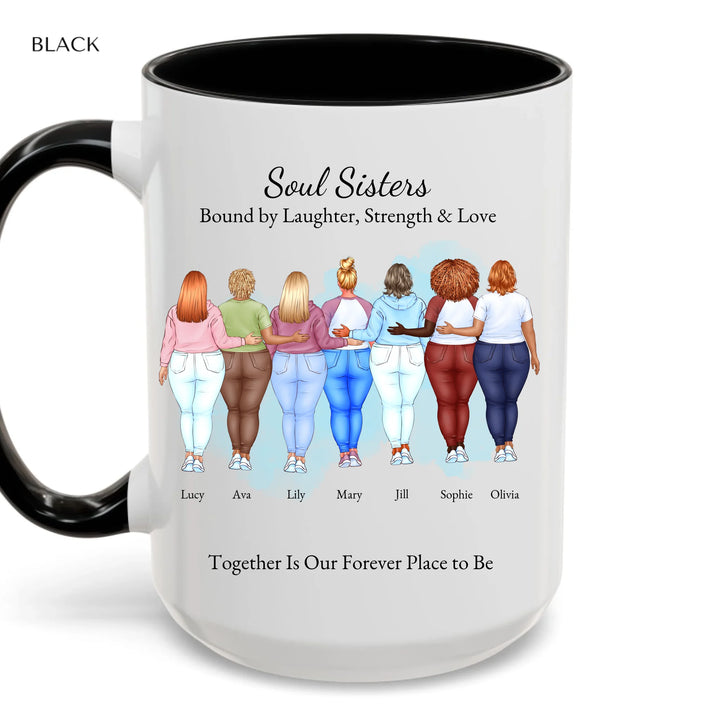 Custom best friends mug with personalized portraits, names, and title -accent coffee mug with black handle-ARTFULANE