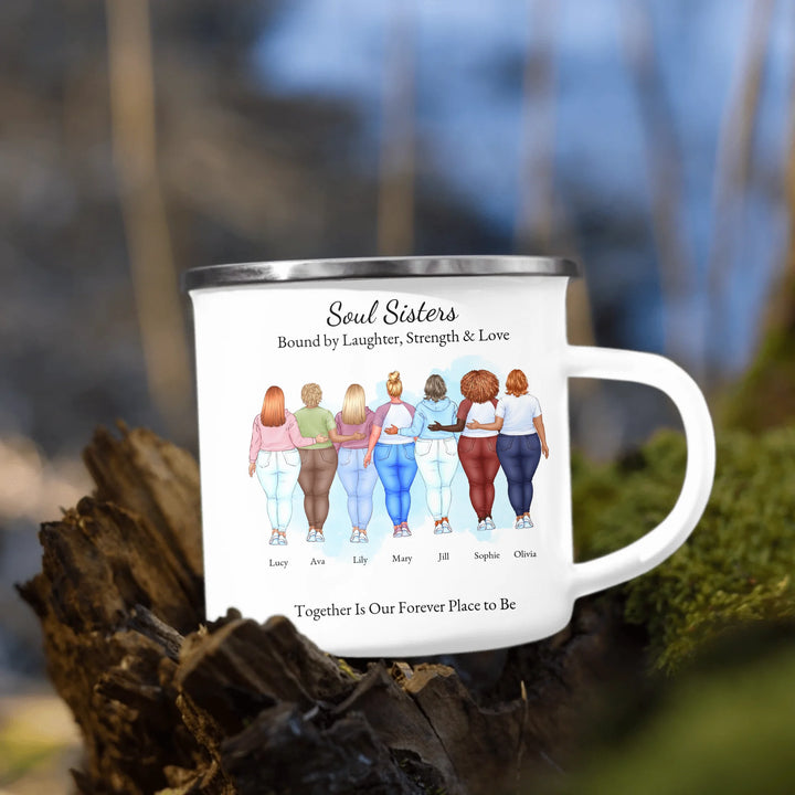 Custom best friends mug with personalized portraits, names, and title -enamel camping mug outdoors-ARTFULANE