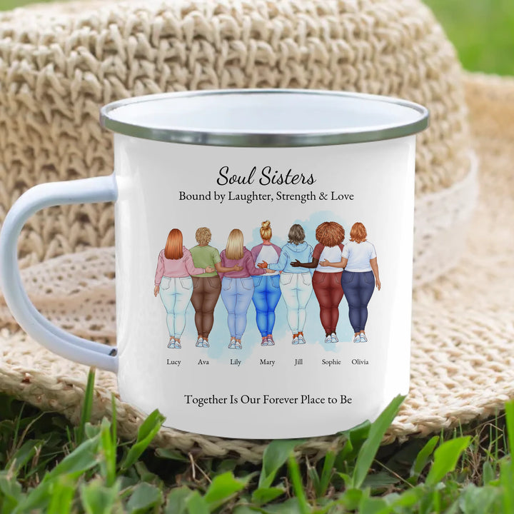 Custom best friends mug with personalized portraits, names, and title -enamel camping mug lifestyle-ARTFULANE