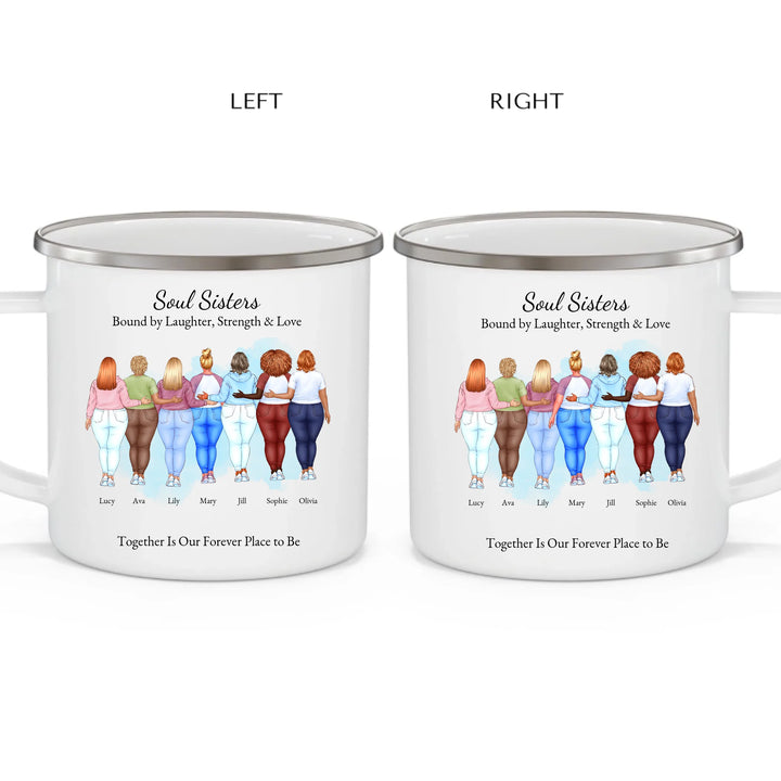 Custom best friends mug with personalized portraits, names, and title -enamel camping mug 2 views-ARTFULANE