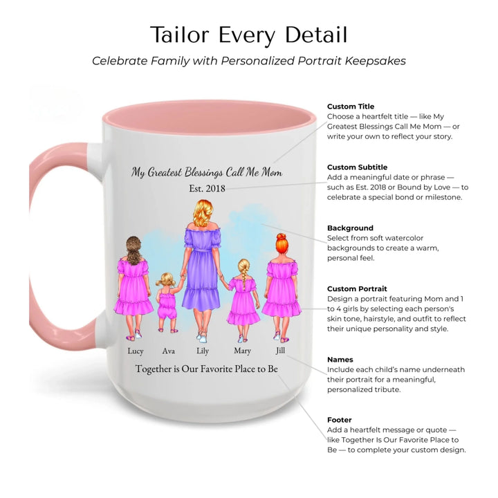 Personalized mug with mother and 1–4 daughters, custom outfits and names, perfect sentimental gift for mom -Mug Customization Options-ARTFULANE