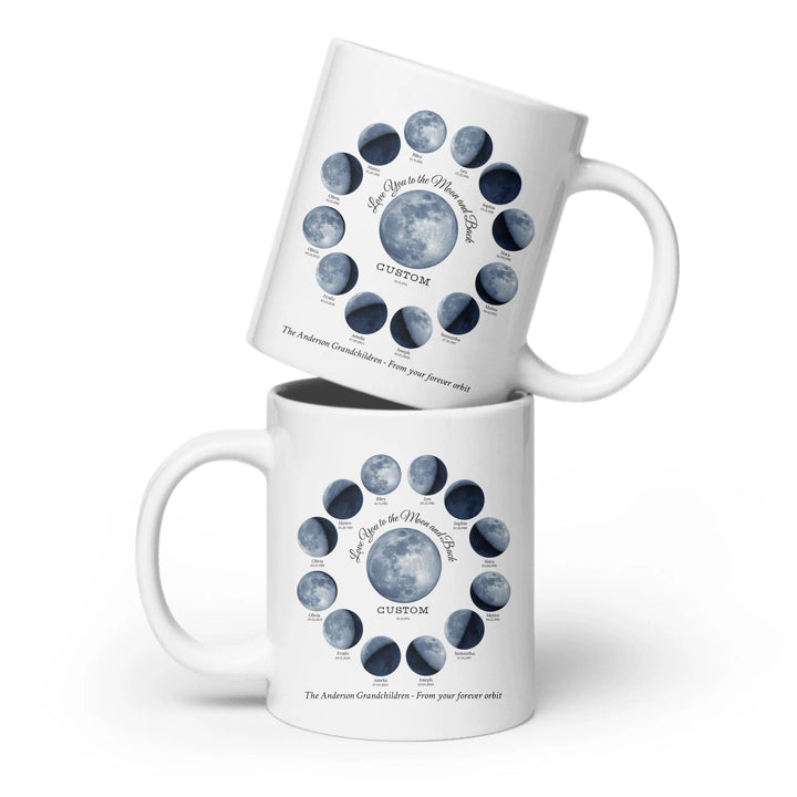 Custom moon phase mug with 1–12 names and dates in a circle design, personalized gift with central moon and message -ARTFULANE