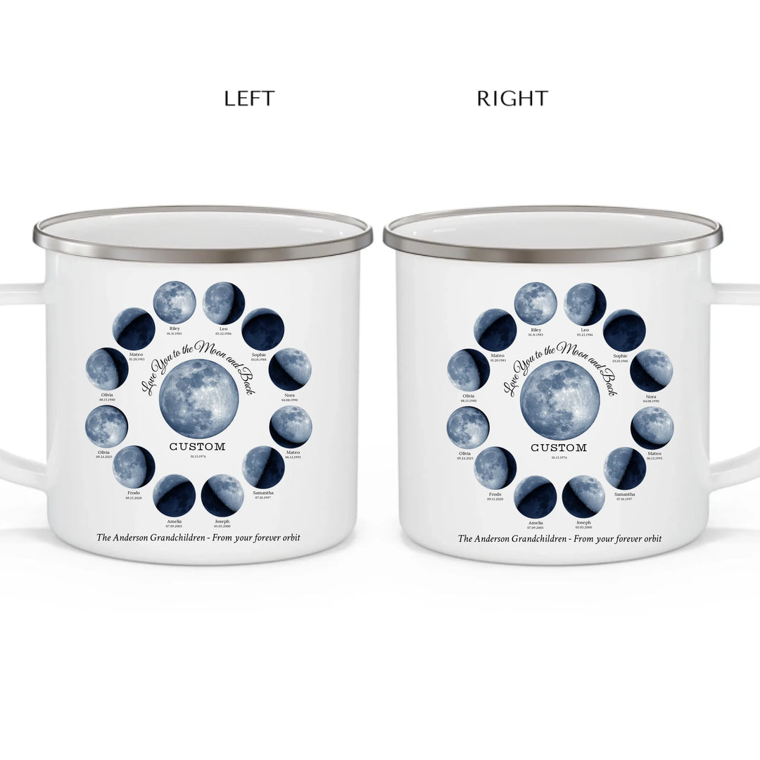 Custom moon phase mug with 1–12 names and dates in a circle design, personalized gift with central moon and message -enamel camping mug 2 views-ARTFULANE