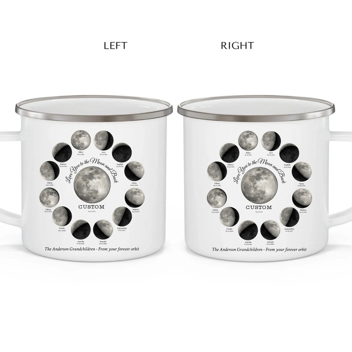 Custom moon phase mug with 1–12 names and dates in a circle design, personalized gift with central moon and message -enamel camping mug 2 views-ARTFULANE