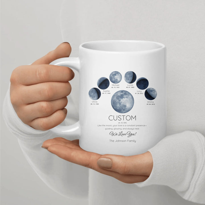 Personalized moon phase mug with 1–6 custom names and dates – sentimental family gift -ARTFULANE