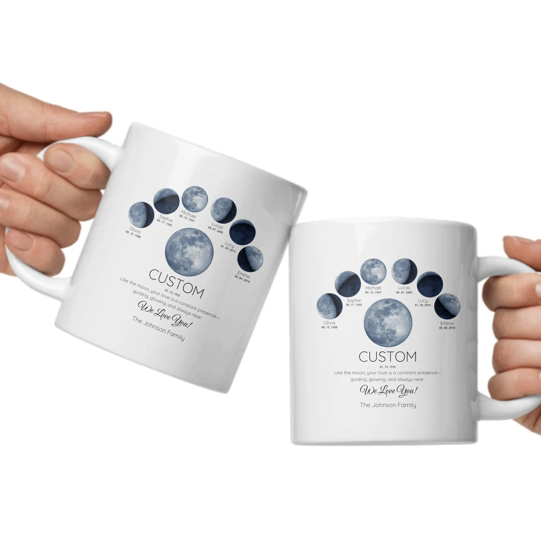 Personalized moon phase mug with 1–6 custom names and dates – sentimental family gift -ARTFULANE