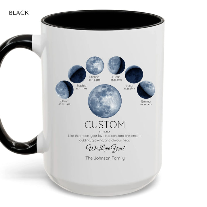 Personalized moon phase mug with 1–6 custom names and dates – sentimental family gift -accent coffee mug with black handle-ARTFULANE
