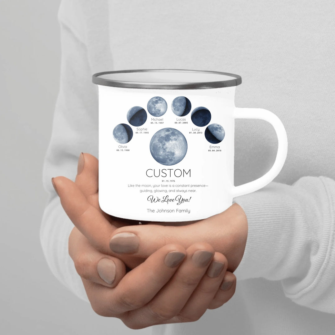 Personalized moon phase mug with 1–6 custom names and dates – sentimental family gift -enamel camping mug in hand-ARTFULANE