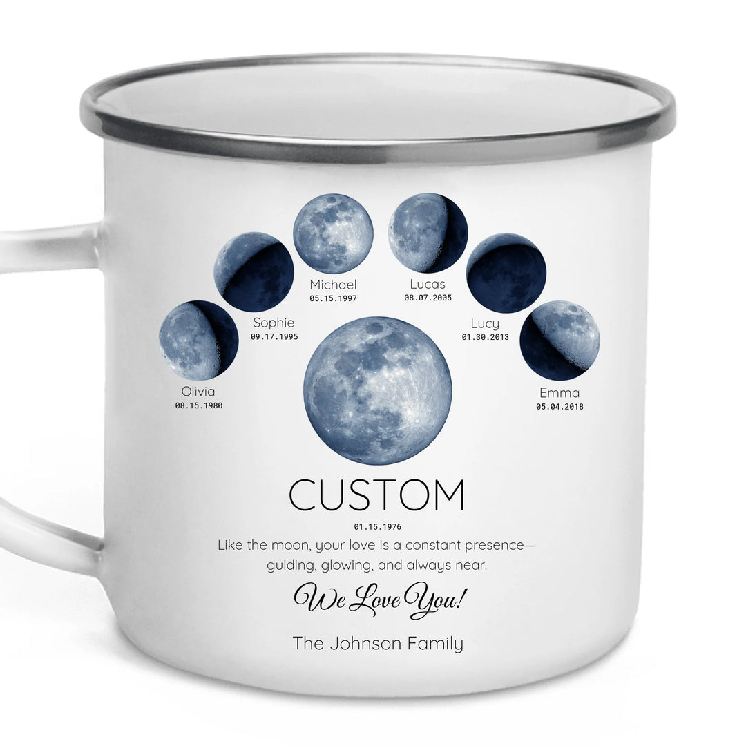 Personalized moon phase mug with 1–6 custom names and dates – sentimental family gift -ARTFULANE