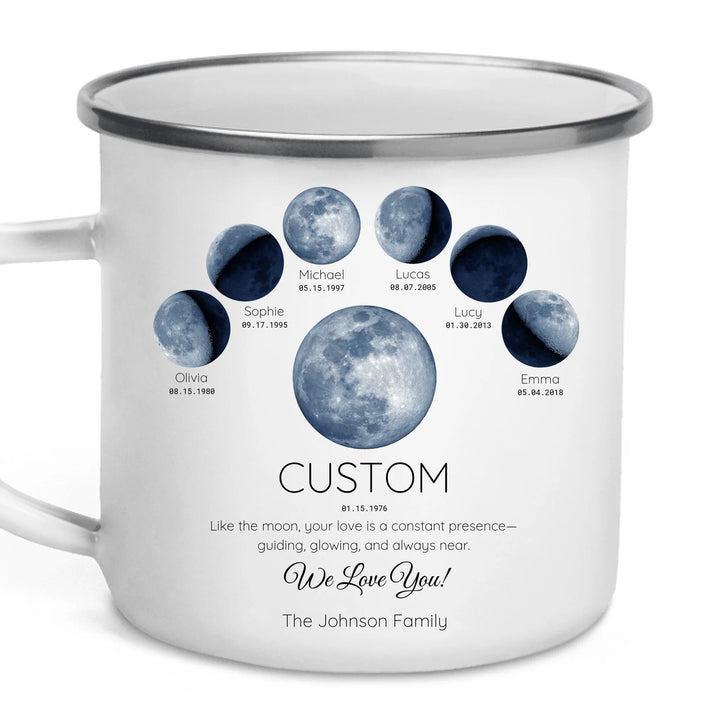 Personalized moon phase mug with 1–6 custom names and dates – sentimental family gift -ARTFULANE