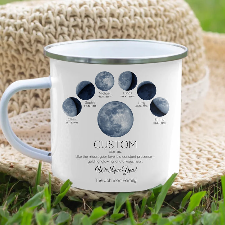 Personalized moon phase mug with 1–6 custom names and dates – sentimental family gift -enamel camping mug lifestyle-ARTFULANE