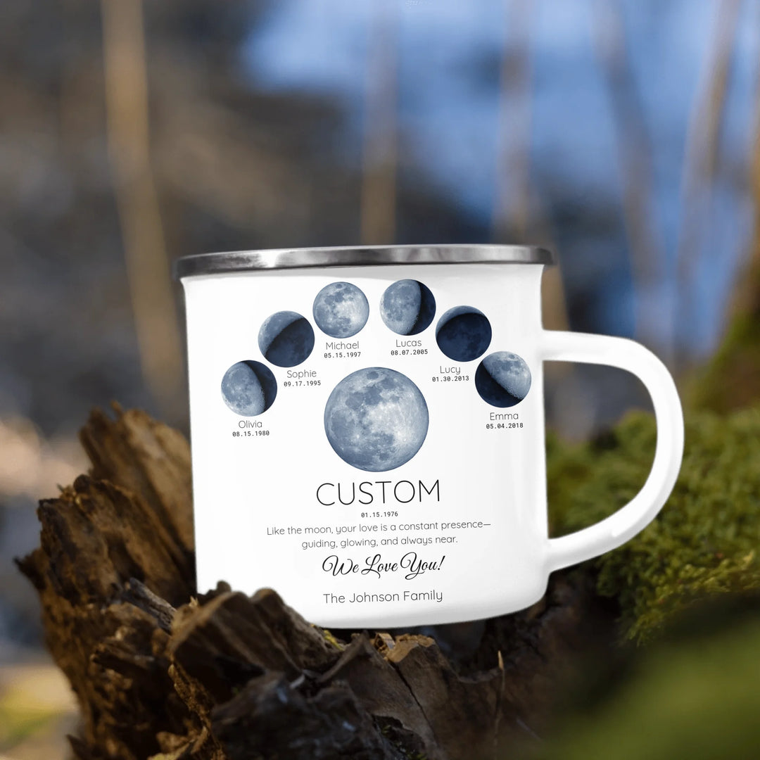 Personalized moon phase mug with 1–6 custom names and dates – sentimental family gift -enamel camping mug outdoors-ARTFULANE