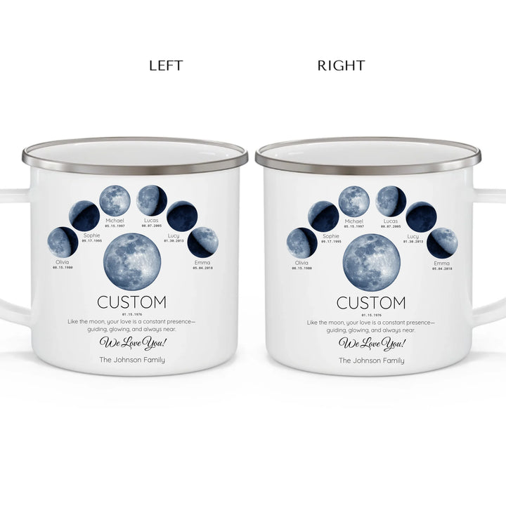 Personalized moon phase mug with 1–6 custom names and dates – sentimental family gift -enamel camping mug 2 views-ARTFULANE
