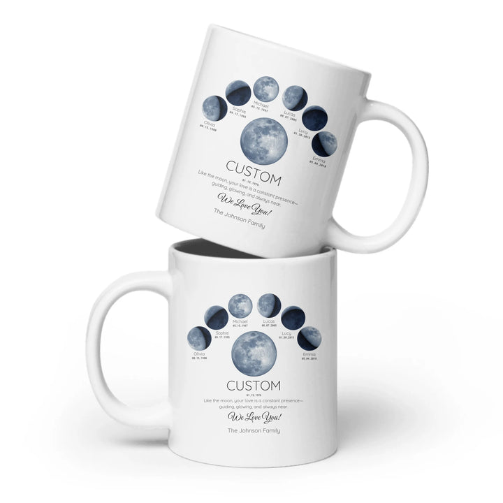 Personalized moon phase mug with 1–6 custom names and dates – sentimental family gift -ARTFULANE