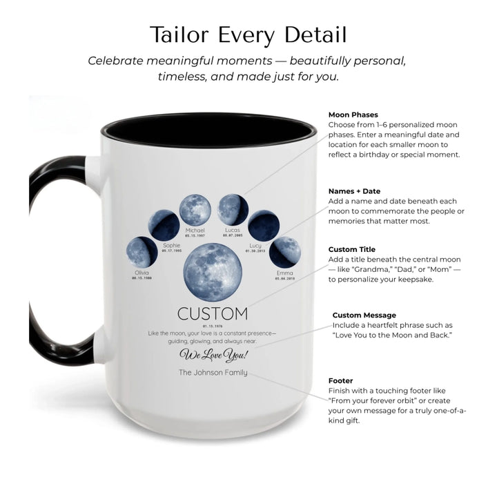 Personalized moon phase mug with 1–6 custom names and dates – sentimental family gift -Mug Customization Options-ARTFULANE