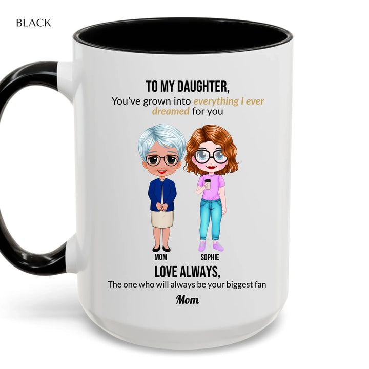 Custom mom and daughter mug with personalized portraits, names, and heartfelt message — unique gift for mom or daughter -accent coffee mug with black handle-ARTFULANE