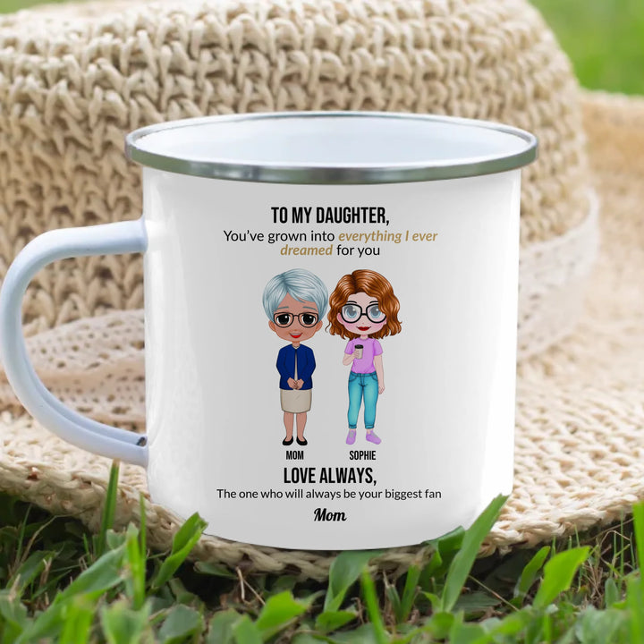 Custom mom and daughter mug with personalized portraits, names, and heartfelt message — unique gift for mom or daughter -enamel camping mug lifestyle-ARTFULANE