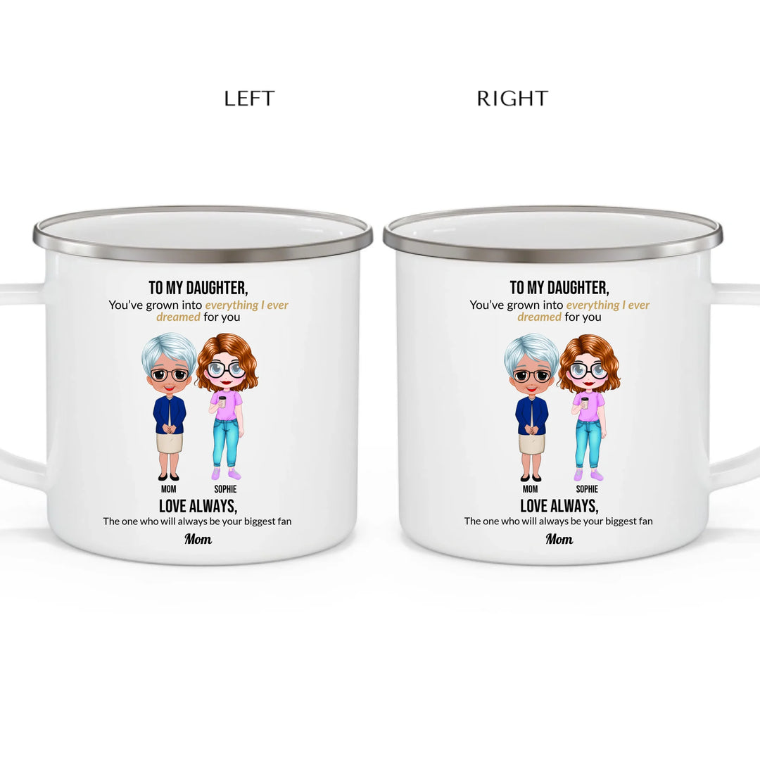 Custom mom and daughter mug with personalized portraits, names, and heartfelt message — unique gift for mom or daughter -enamel camping mug 2 views-ARTFULANE