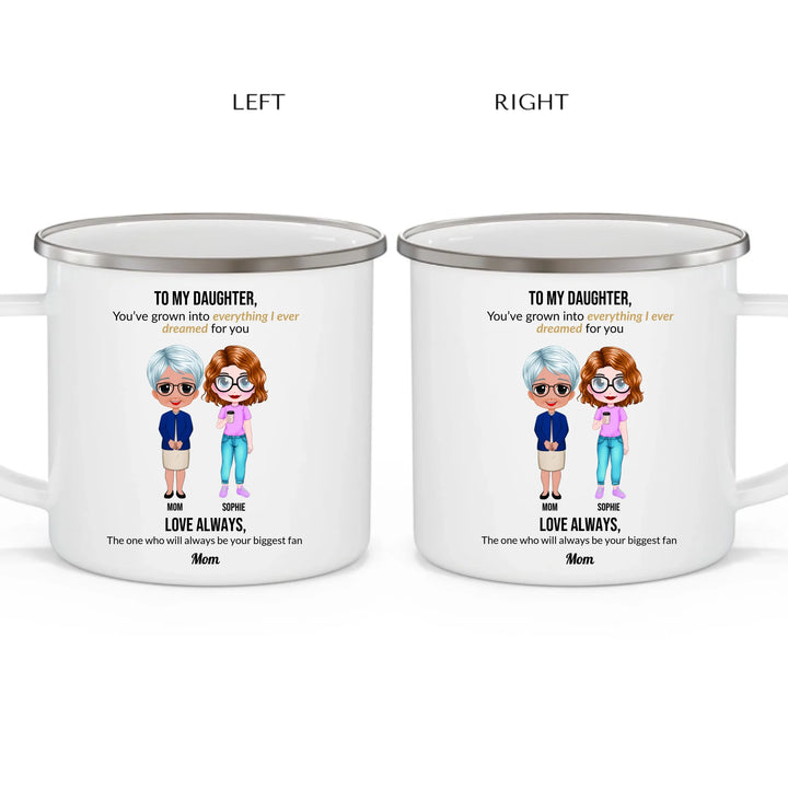 Custom mom and daughter mug with personalized portraits, names, and heartfelt message — unique gift for mom or daughter -enamel camping mug 2 views-ARTFULANE