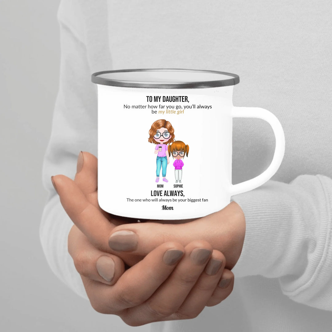 Custom mom and daughter mug with personalized portraits, names, and heartfelt message — unique gift for mom or daughter -enamel camping mug in hand-ARTFULANE