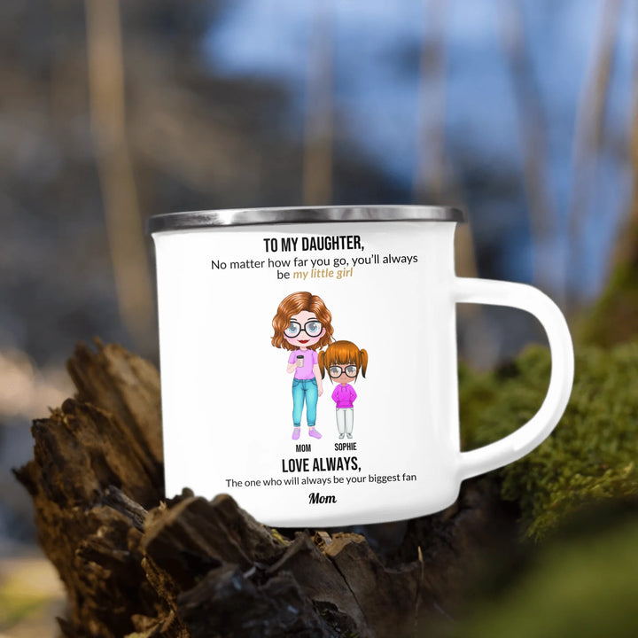 Custom mom and daughter mug with personalized portraits, names, and heartfelt message — unique gift for mom or daughter -enamel camping mug outdoors-ARTFULANE