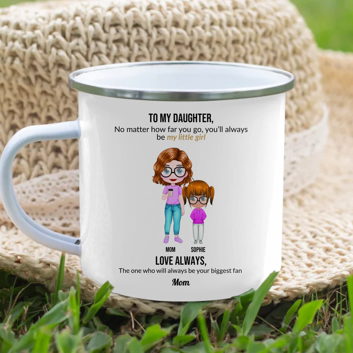 Custom mom and daughter mug with personalized portraits, names, and heartfelt message — unique gift for mom or daughter -enamel camping mug lifestyle-ARTFULANE