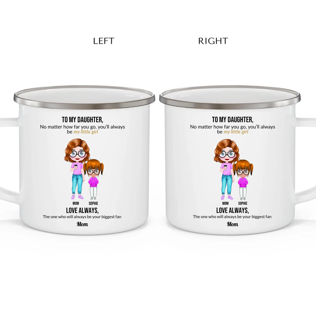 Custom mom and daughter mug with personalized portraits, names, and heartfelt message — unique gift for mom or daughter -enamel camping mug 2 views-ARTFULANE