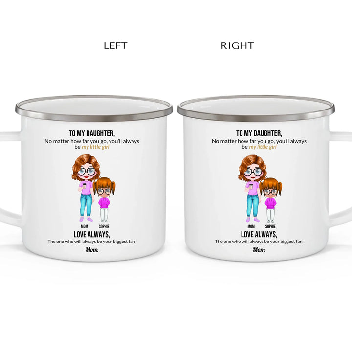 Custom mom and daughter mug with personalized portraits, names, and heartfelt message — unique gift for mom or daughter -enamel camping mug 2 views-ARTFULANE