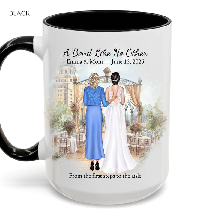 Personalized mother of the bride mug with custom illustration, names, date, and heartfelt quote – perfect wedding gift - accent coffee mug with black handle-ARTFULANE