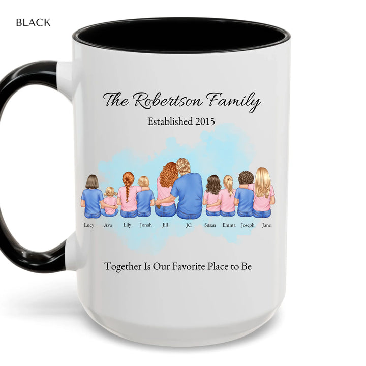 Custom family mug with illustrated portrait and names- accent coffee mug with black handle-ARTFULANE