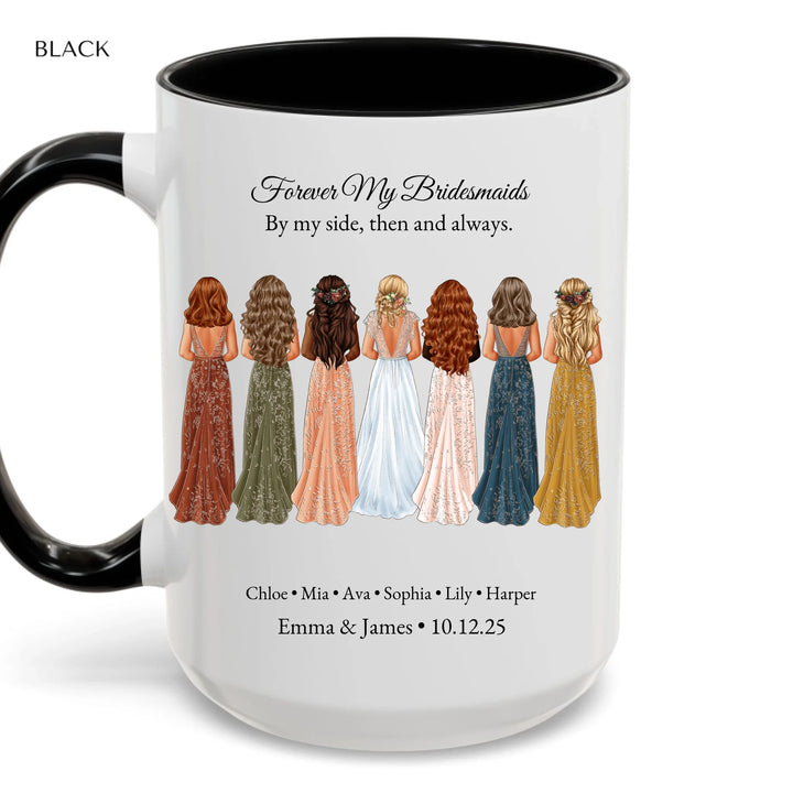 Custom bridesmaid portrait mug with names and dresses - accent coffee mug with black handle-ARTFULANE