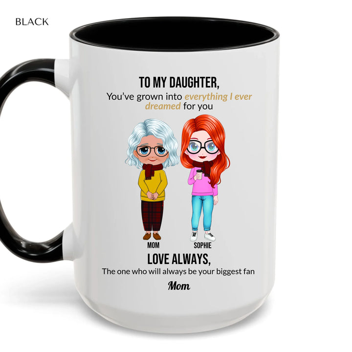 Custom mom and daughter mug with personalized portraits, names, and heartfelt message — unique gift for mom or daughter -accent coffee mug with black handle-ARTFULANE